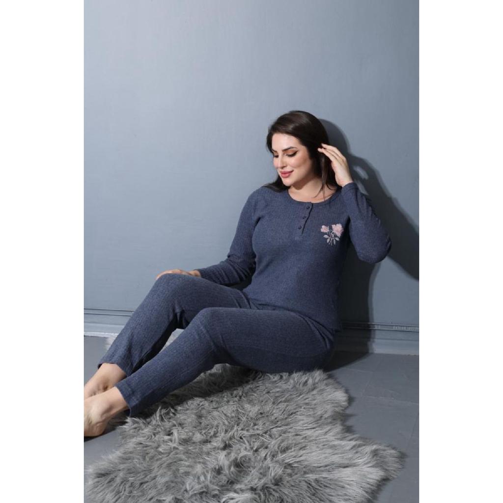 Wide Fit Mother's Winter Long Sleeve Green Plus Size Pajama Set - Single Flower