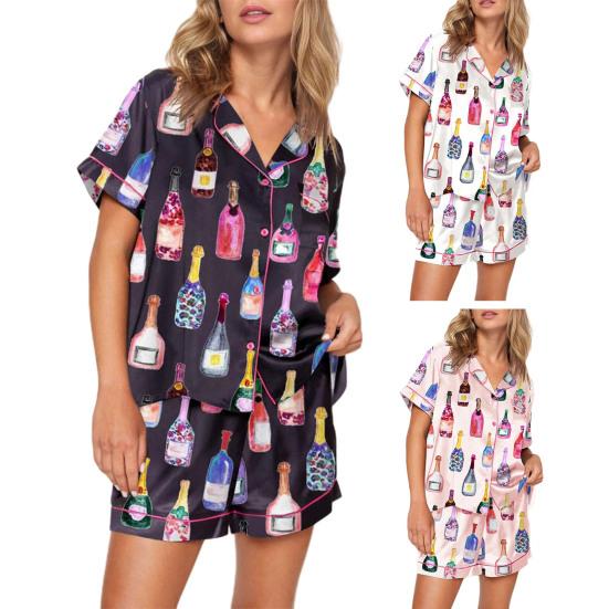 2Pcs/Set Pajamas Set Women Loungewear Sleepwear Button Closure Lapel Short Sleeve Casual Print Pajamas