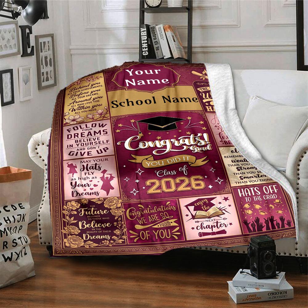 Graduation Celebration 2026 Floral Design Themed Blanket Personalized Name Soft Warm And Versatile For Sofa Bed Office And Travel Machine Washable