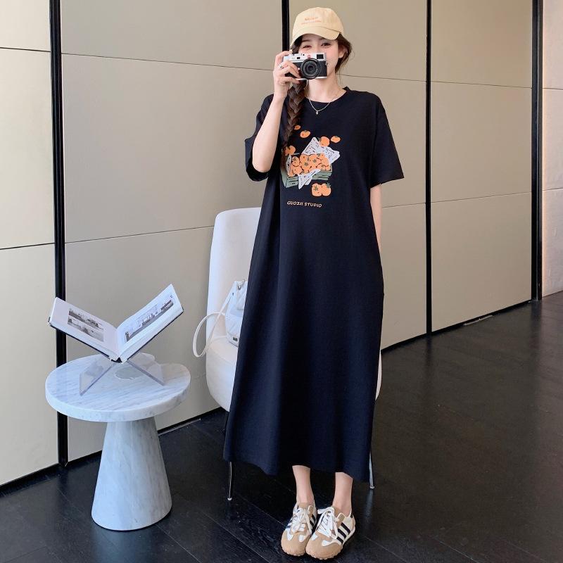 Lazy wind Korean short-sleeved dress women's clothing summer loose and thin straight casual round neck long t-shirt skirt