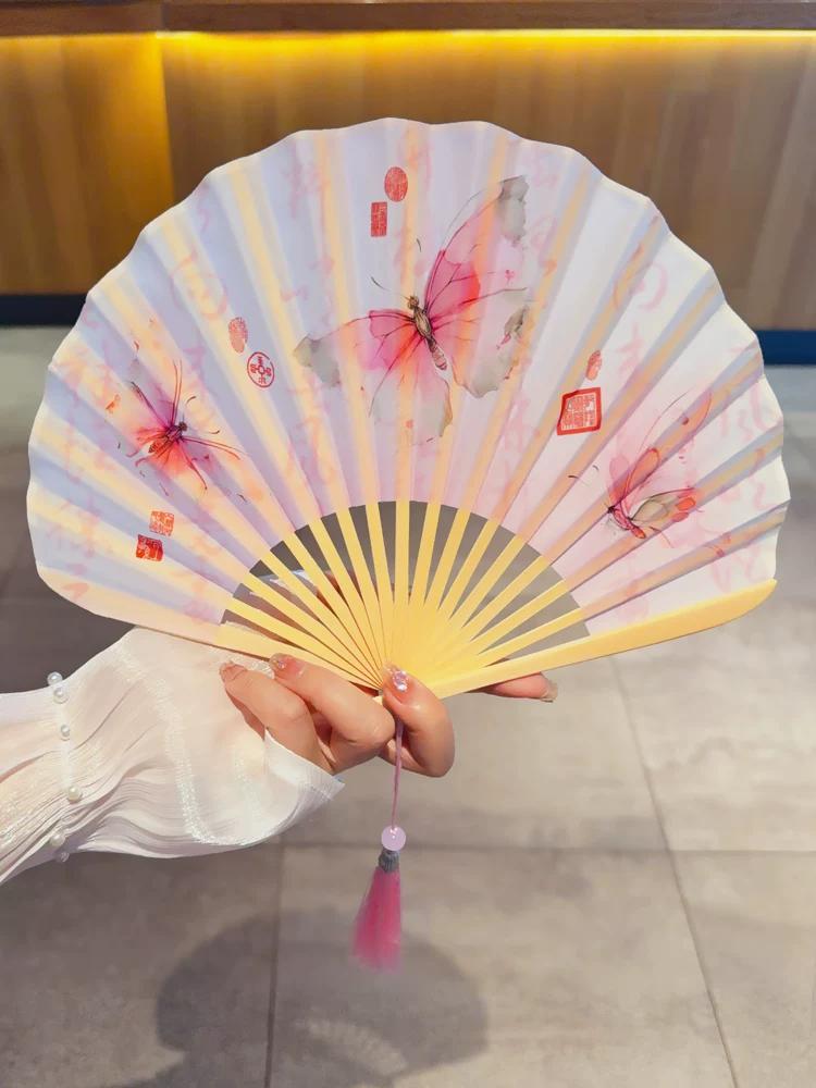 Elegant Pear Blossom Shell Fan, Fairy-Like Butterfly Ancient Style Fan, Hanfu Photo Shoot Folding Fan, Chinese Style Summer Cooling Fan, Portable
