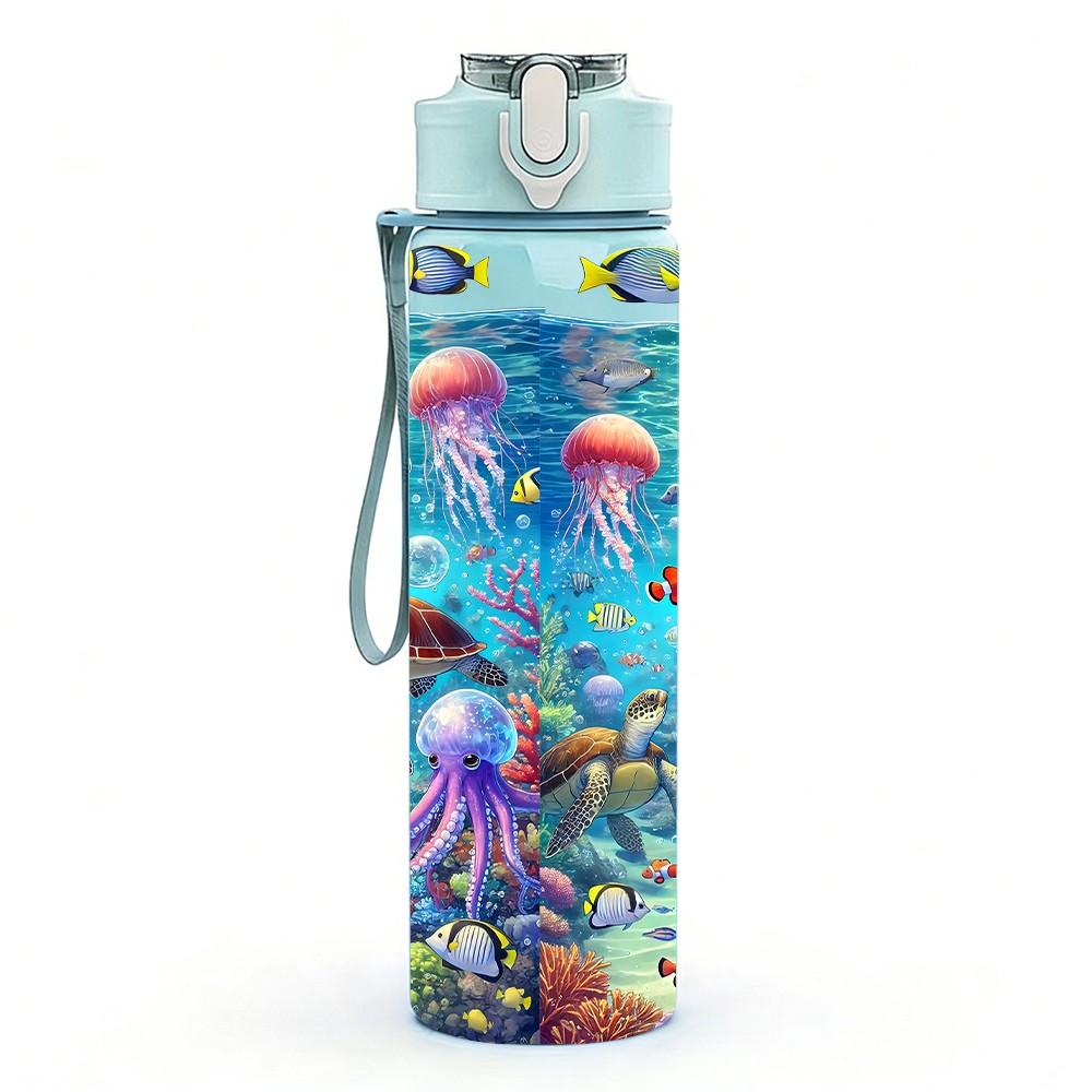 1PC Underwater Coral Fish Ocean Scene Print 750ml Color Plastic Sports Water Bottle Leakproof Flip Straw Lid Suitable for Sports Office Home Use