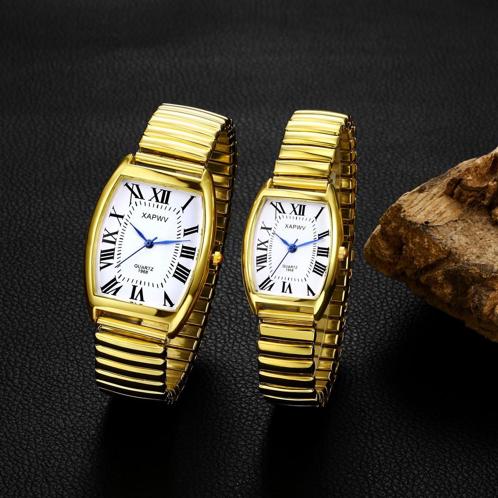 Stainless Steel Roman Alphabet Analog Display Square Design Waterproof Simple Quartz Watch Adjustable Length Fashion Watch Gold Perfect Gift for Day