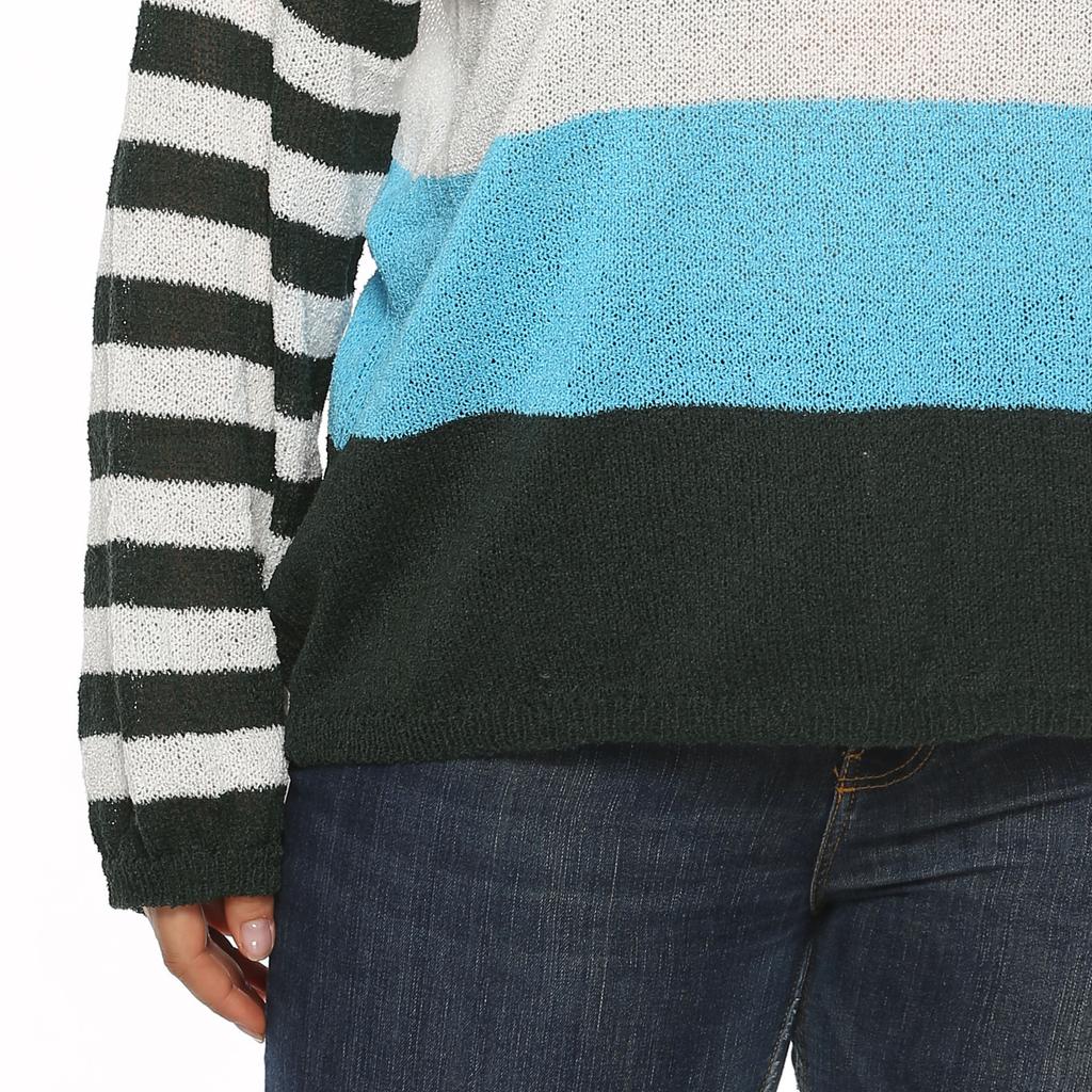 Женский осенне-зимний свитер большого размера в полоску с контрастными цветовыми блоками свободного плетения