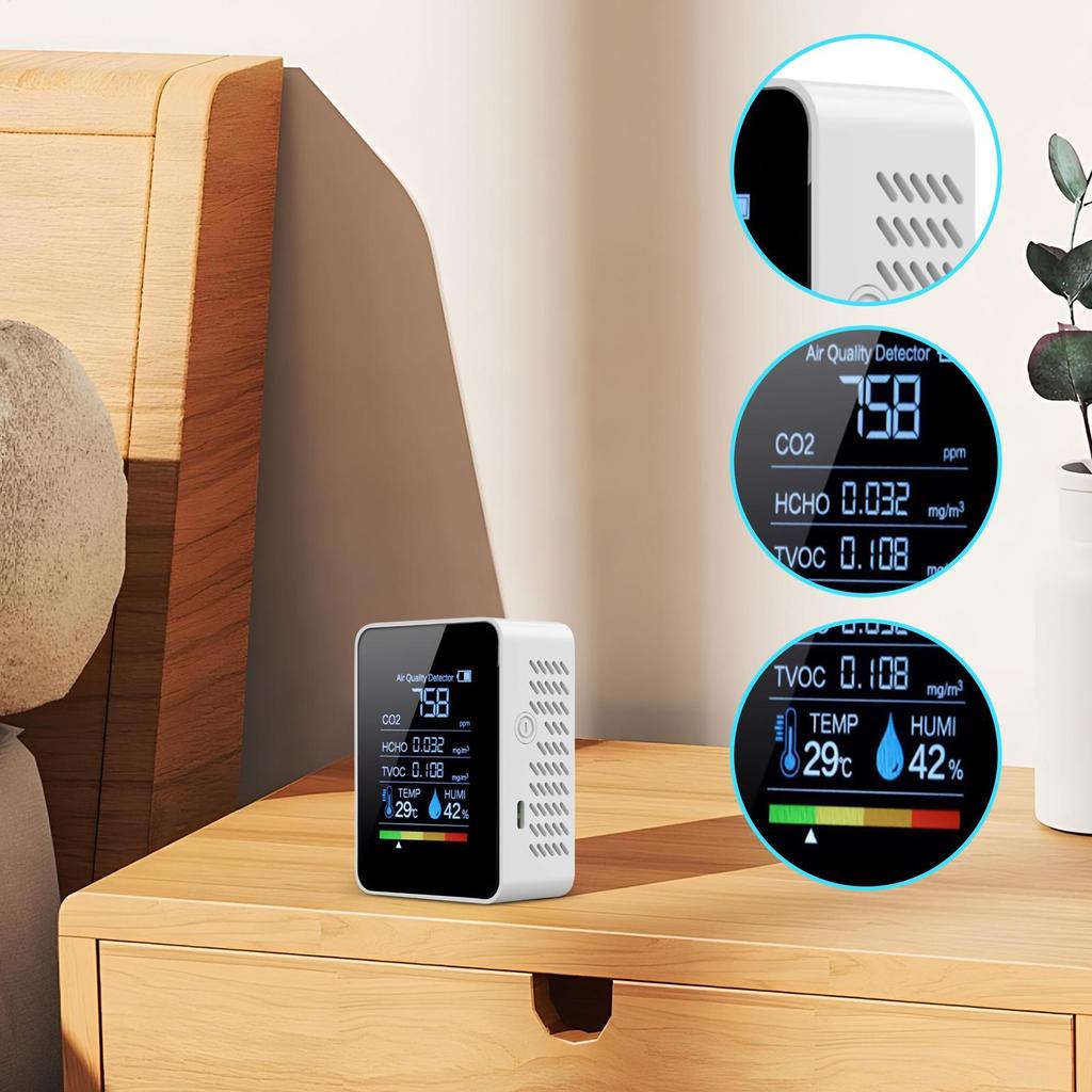 5 In 1 Air Quality Monitor Multi-function CO2 Meter Digital Temperature Humidity Tester Carbon Dioxide TVOC HCHO Detector