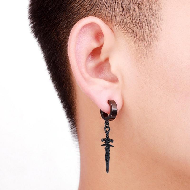 1 PC Men's Open Cuff Silver Black Sword Pendants Clip Earrings for Male Non-Piercing Ear Clips Fake Cartilage Earrings
