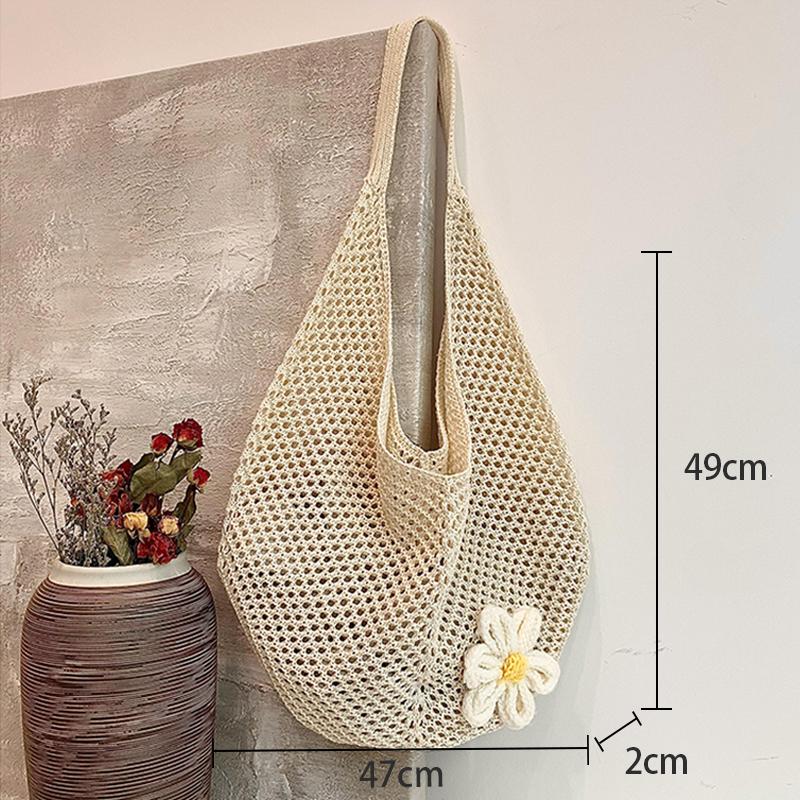 Women'S Braided Bag Korean Style Shoulder Tote Bag Lazy Style Knitted Hollow Flower Beach Bag