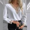 Women's Casual Fashion Solid Color Lace Long Sleeve V-neck Top