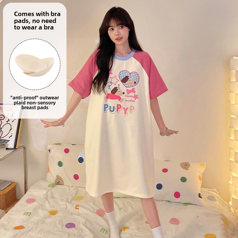 Женские ночные рубашки с коротким рукавом и нагрудными подушечками, женская летняя домашняя одежда с мультяшным принтом, милая ночная рубашка для девочек, размер плюс 3XL, домашняя одежда