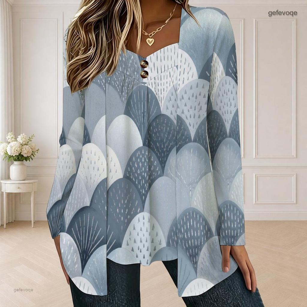 Women Plus Size Square Neck Long Sleeve Geometric Printed Button Decor Layered Front T Shirt