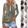 Women's Spring And Autumn Fashion Casual  Printed Zipper V-Neck Long Sleeve Shirt Tops