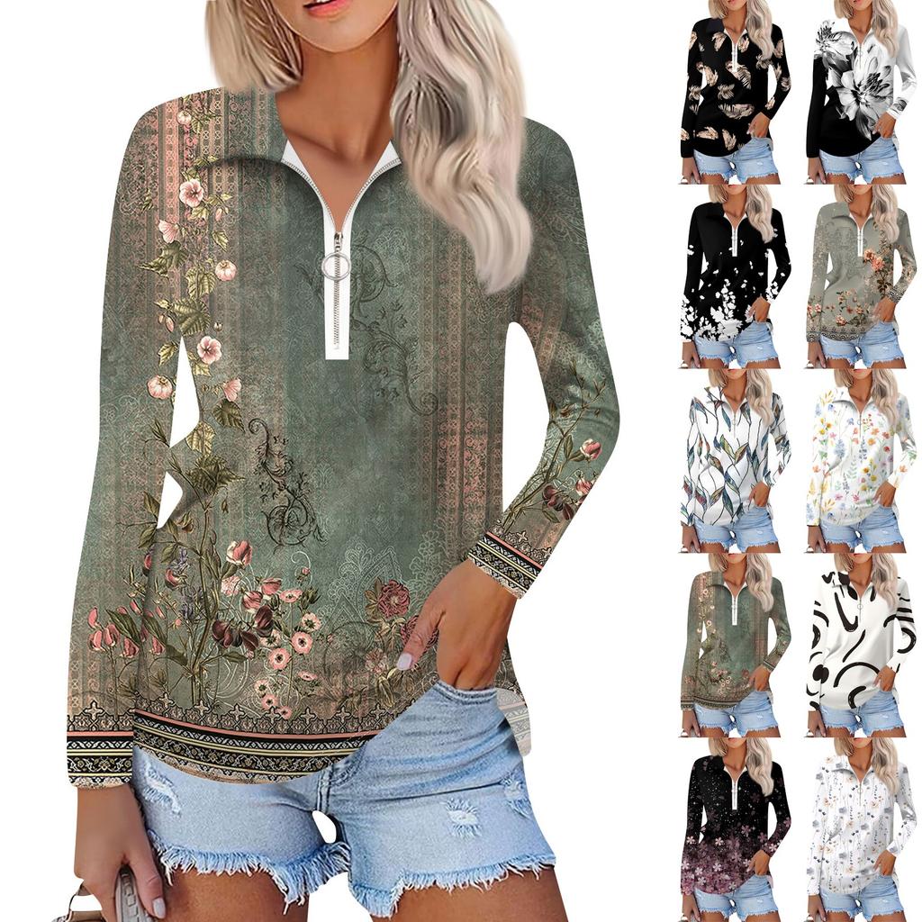Women's Spring And Autumn Fashion Casual Printed Zipper V-Neck Long Sleeve Shirt Tops