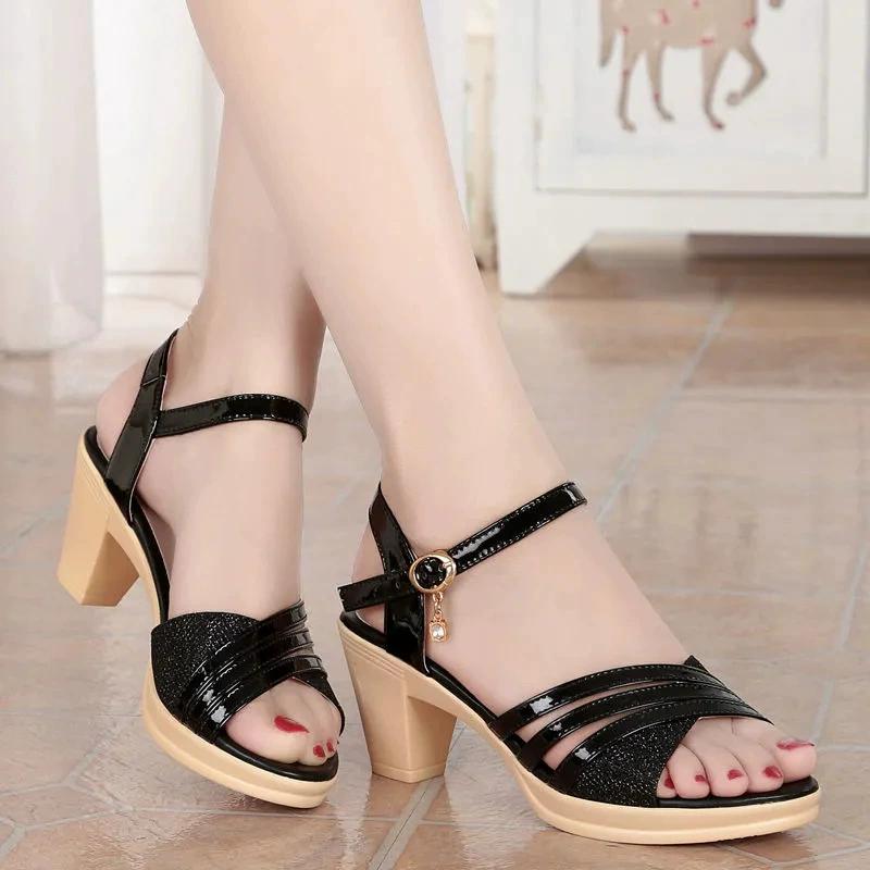Летние женские сандалии большого размера, толстые каблуки, высокие каблуки для мам, устойчивая платформа, женские туфли с одной пуговицей, дышащие