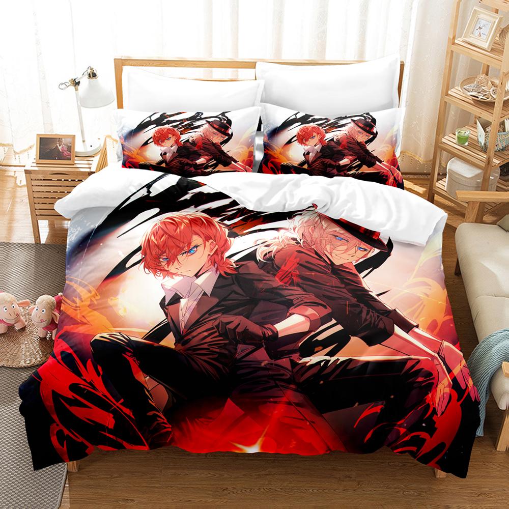 Аниме : Комплект постельного белья Bungo Stray Dogs с рисунком из мультфильма, пододеяльник и наволочки, размер Queen, полный размер, детский подарок, декор, домашнее постельное белье