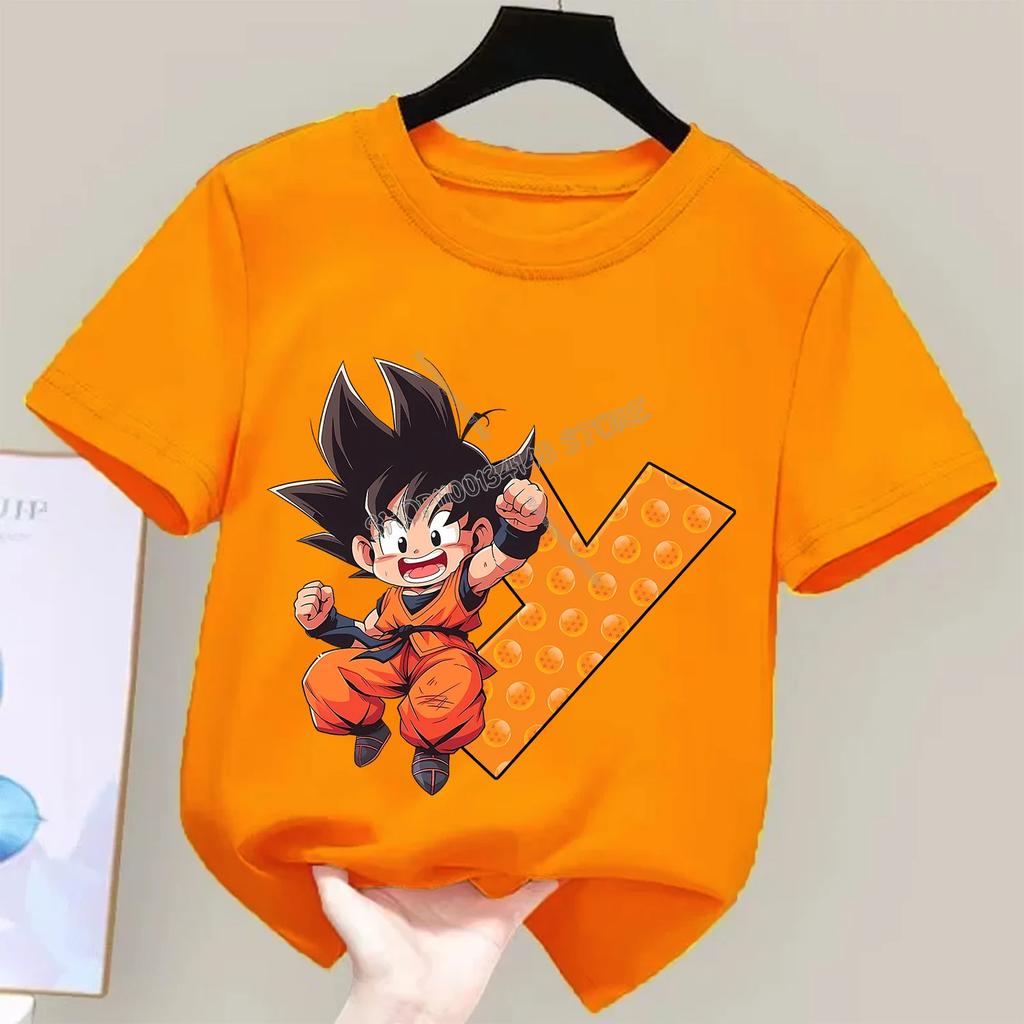 Детская футболка Dragon Ball Goku Мультяшная с буквами от A до Z Топ для мальчиков и девочек Оранжевая одежда Новая детская одежда с коротким рукавом Подарок