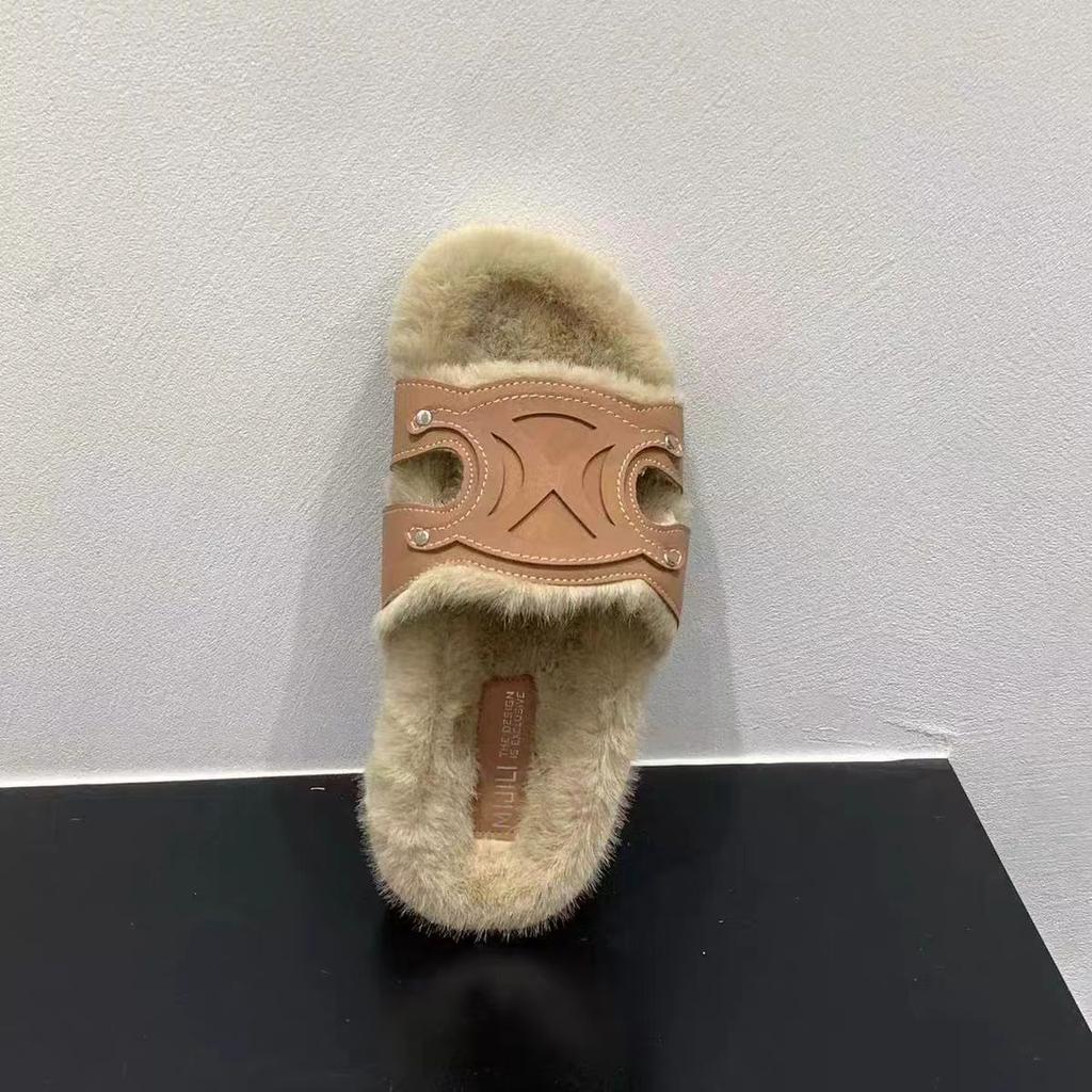 2024 Autumn Woman Faux Wool Insole Flat Slippers Brown Round Head Open Toe Slingback Slippers Female Casual Plush Fur Slippers