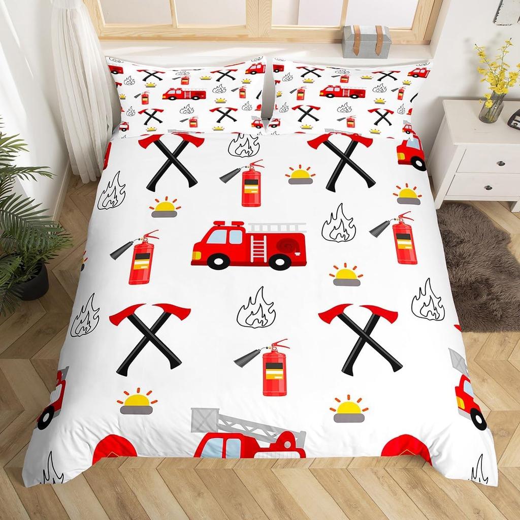 Fire Truck Duvet Cover Twin Queen Size,Kids Cute Car Road Traffic Print Comforter Cover Cartoon City Map Firefighter Bedding Set