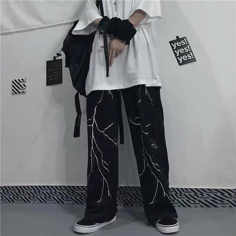 Lightning Skeleton Print Gothic Pants Men Loose Casual Wide Leg Trousers High Street Cool Sweatpants Couple Streetwear