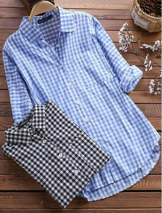 Women's Retro Plaid Long Sleeve Pocket Shirt