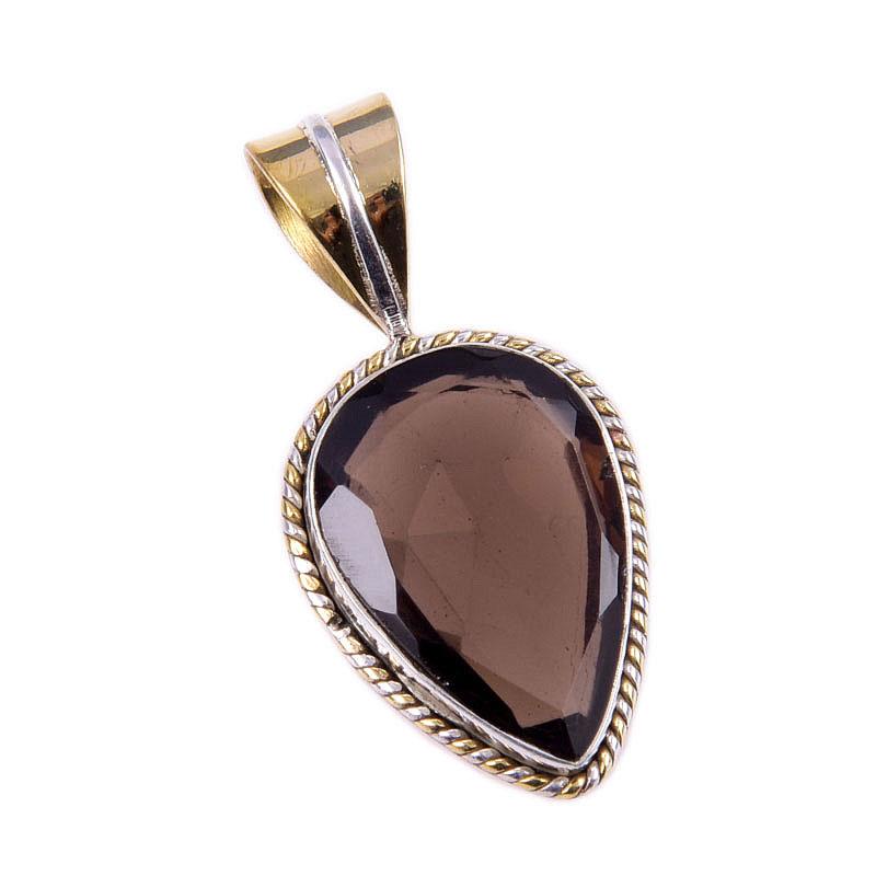 Natural Smoky Quartz 925 Solid Sterling Silver TwoTone Gift Pendant 1.25" D1n50
