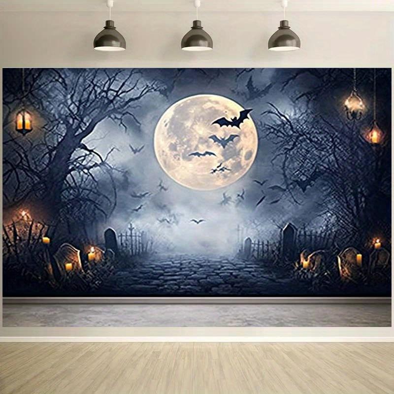 1 piece of Halloween background cloth - Full Moon Tomb Scene with Bat Mist Atmosphere and Tombstone Halloween Decoration