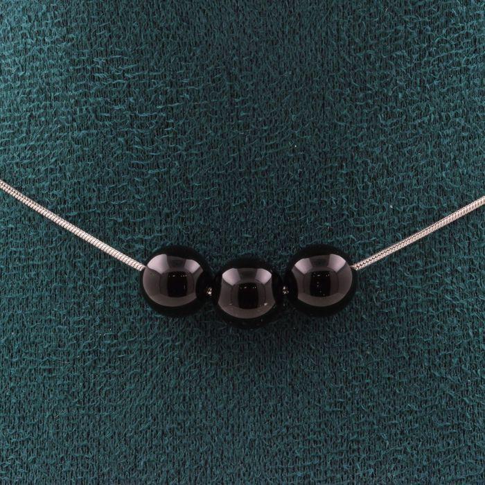 Stones and Minerals. Necklace 3 Black Agate Beads 8 Mm. Stainless Steel Chain Necklace Women Men. Customizable Size.