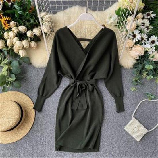 Stylish New Autumn Winter Bag Hip Sweater Dress Female Chic V-neck Bandage Dresses Sexy Women