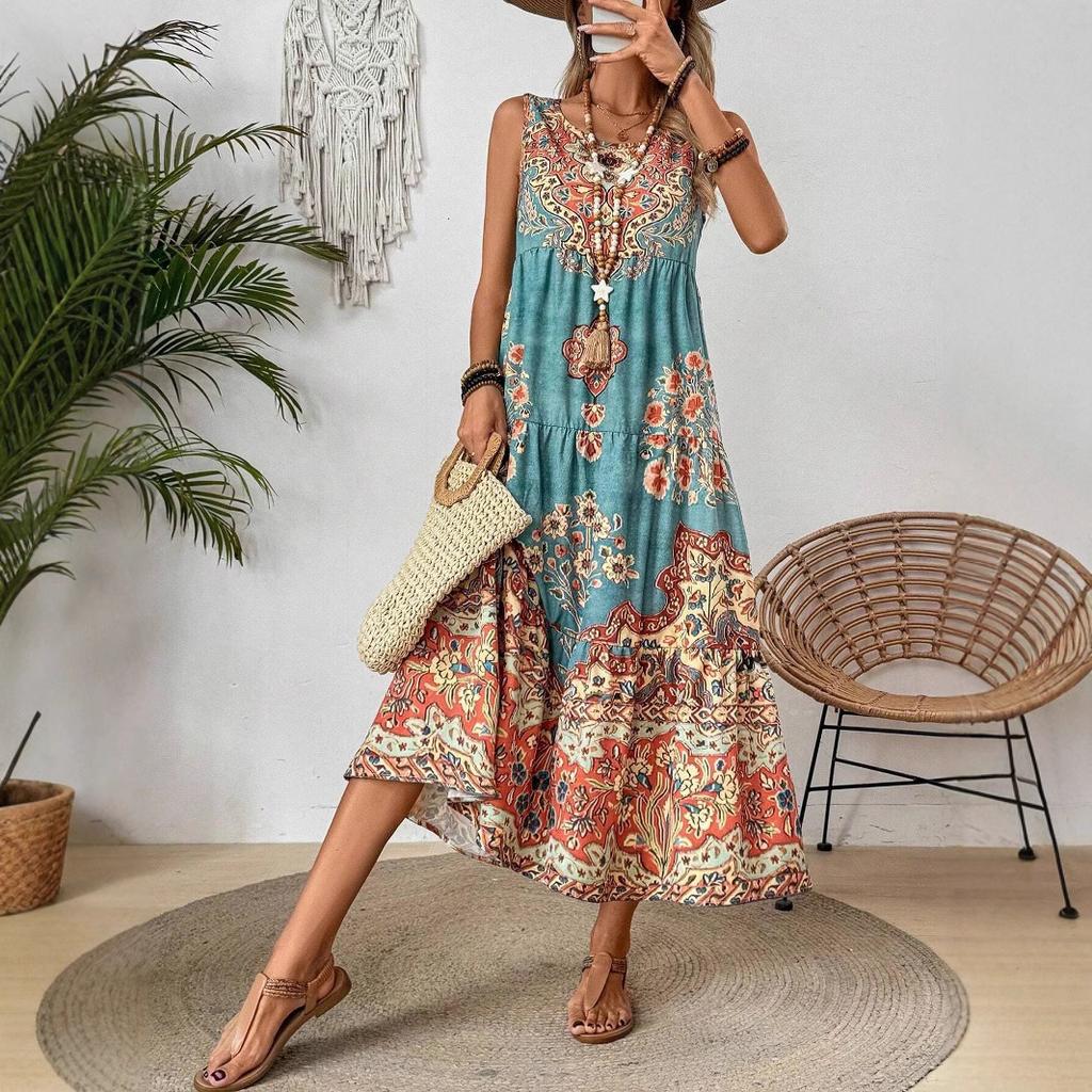Платье макси с цветочным принтом в стиле бохо, повседневное платье больших размеров для женщин, модный сарафан без рукавов, винтажное платье