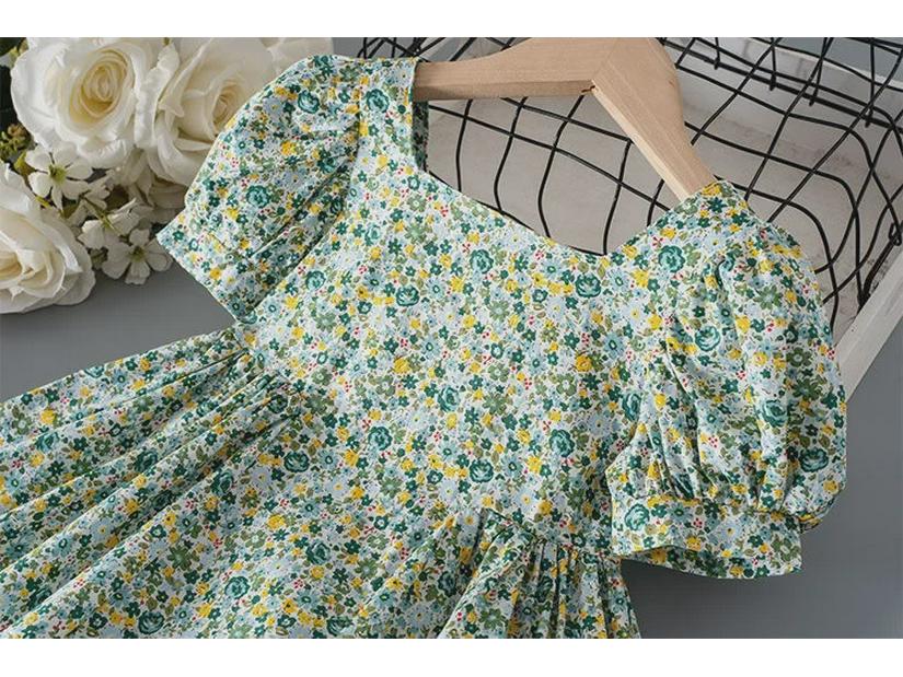 Летнее платье принцессы с цветочным принтом: Короткий рукав из хлопка в корейском стиле для девочек