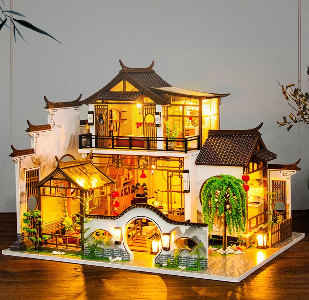 moin moin Dollhouse Miniature Handmade Kit Set Chinese Style Chinese Villa Bonsai Pond Garden LED Light Acrylic Case Music Box 2402dh414 1/24