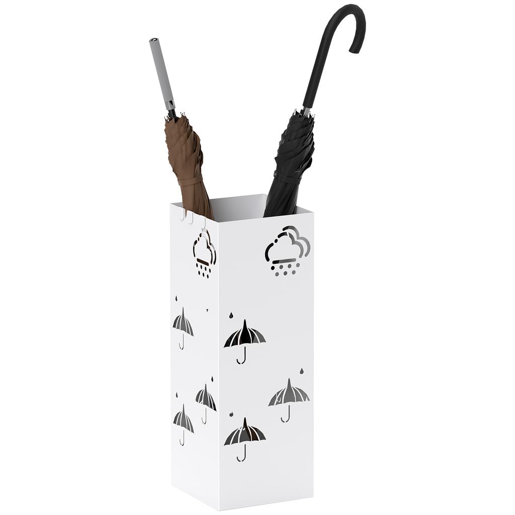 Steel Umbrella Stand With Drip Tray Hooks For Folding Umbrellas And Decorative Design 15.5x15.5x41 Cm White