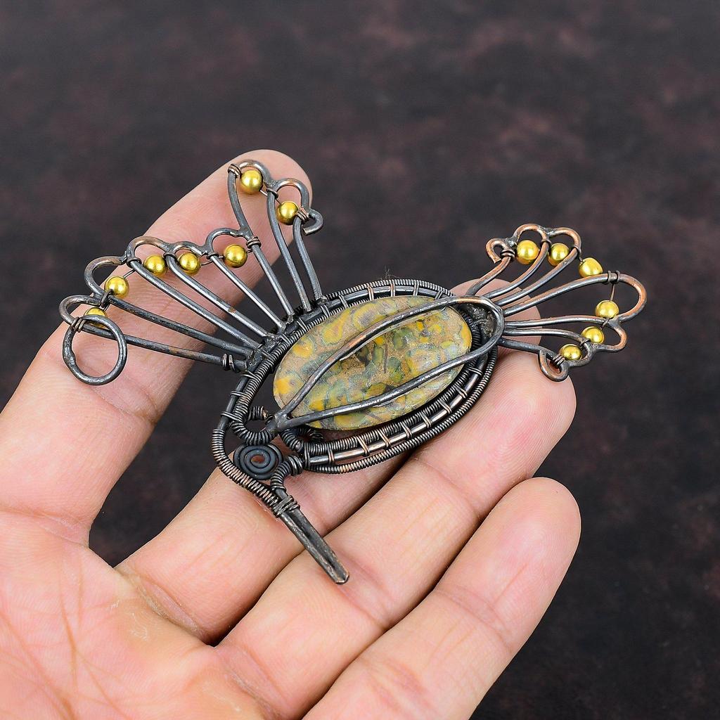 Кулон из фруктовой яшмы, медная проволока, кулон в виде птицы, кулон в виде птицы, медные украшения, кулон с драгоценным камнем, подарок для него, ювелирные изделия из проволочной обмотки ручной работы