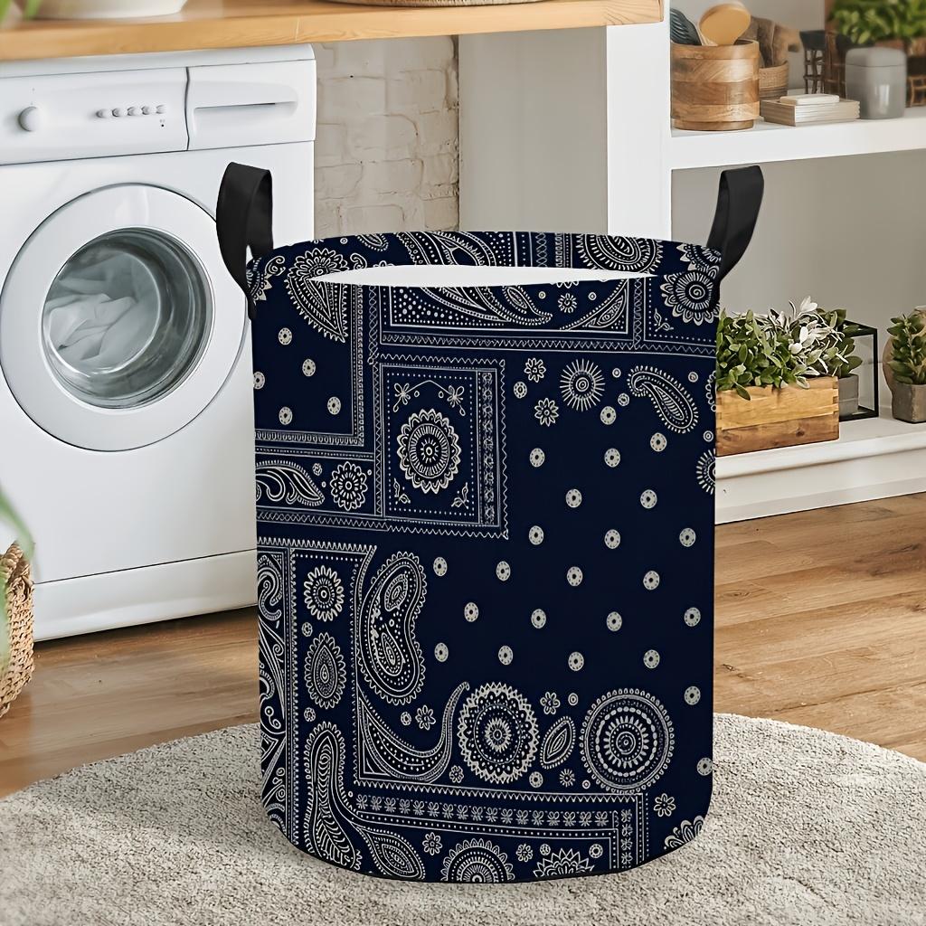 1pc Foldable Laundry Basket, Navy Blue Fabric with White Paisley Floral Checkered Pattern, Suitable for Bedroom, Dirty Clothes Storage, Laundry Room O