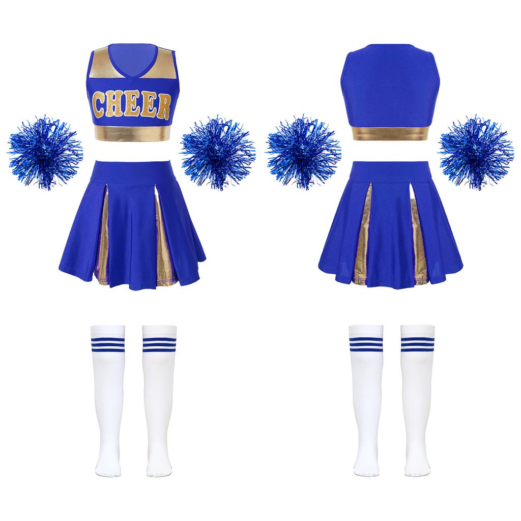 Детские танцевальные наряды для черлидинга для девочек, укороченный топ без рукавов с v-образным вырезом и буквенным принтом, плиссированная юбка, 2 шт., цветочные шарики, 1 пара полосатых носков