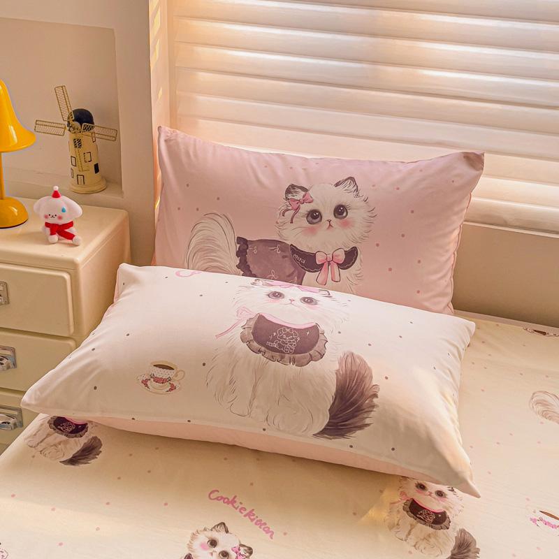 Cute Pink Cartoon Cat Towel Embroidery Girls Kids Bedding Set Soft Washed Cotton Duvet Covers Set Bed Sheet Pillowcases 3/4Pcs
