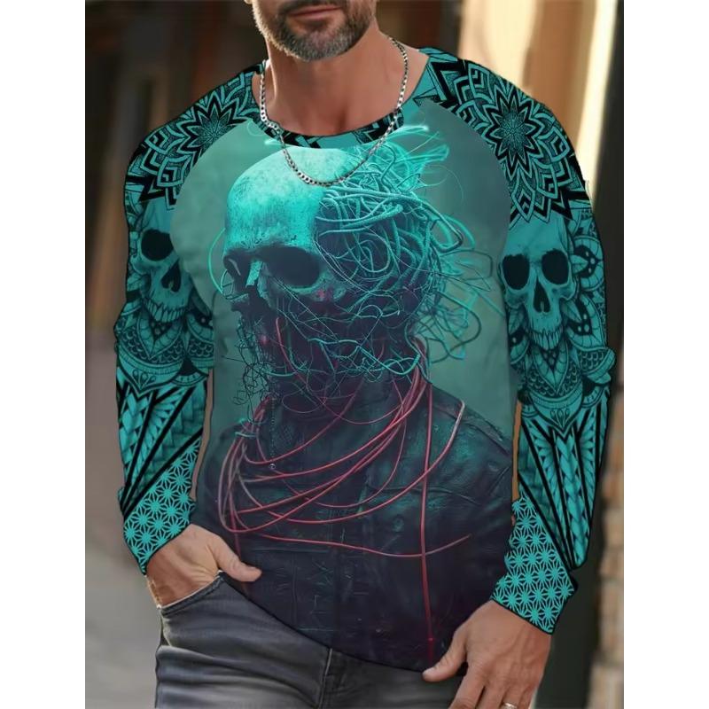 Men's Long-sleeved T-shirt 3D Printed High-definition Skull Stitching Printing Men's Autumn Tops Casual Round Neck Home Clothes