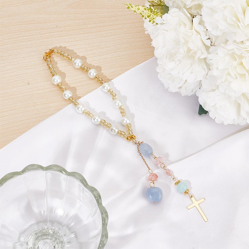 Natural Jade Cross Car Hanging Ornament Rearview Mirror Accessories Glass Beaded Charms With Pearl Car Hanging Accessories Suncatcher for Car Rear