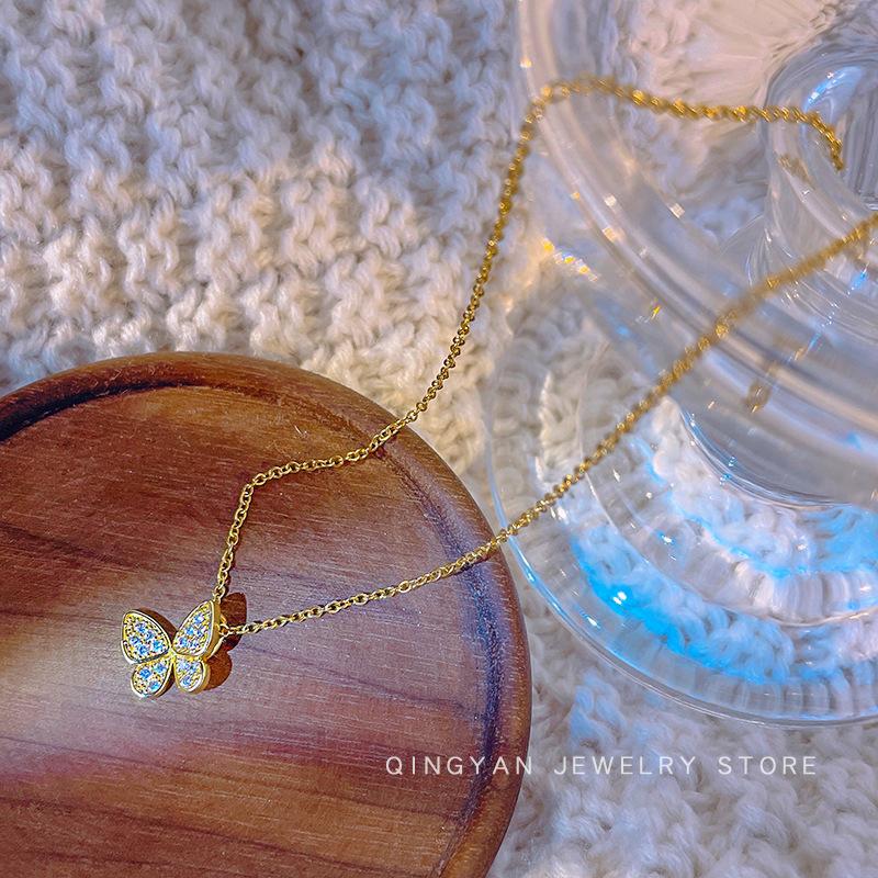 Light Luxury Butterfly Pendant Rhinestone Collarbone Chain Titanium Steel Simple Versatile Jewelry Women Necklace