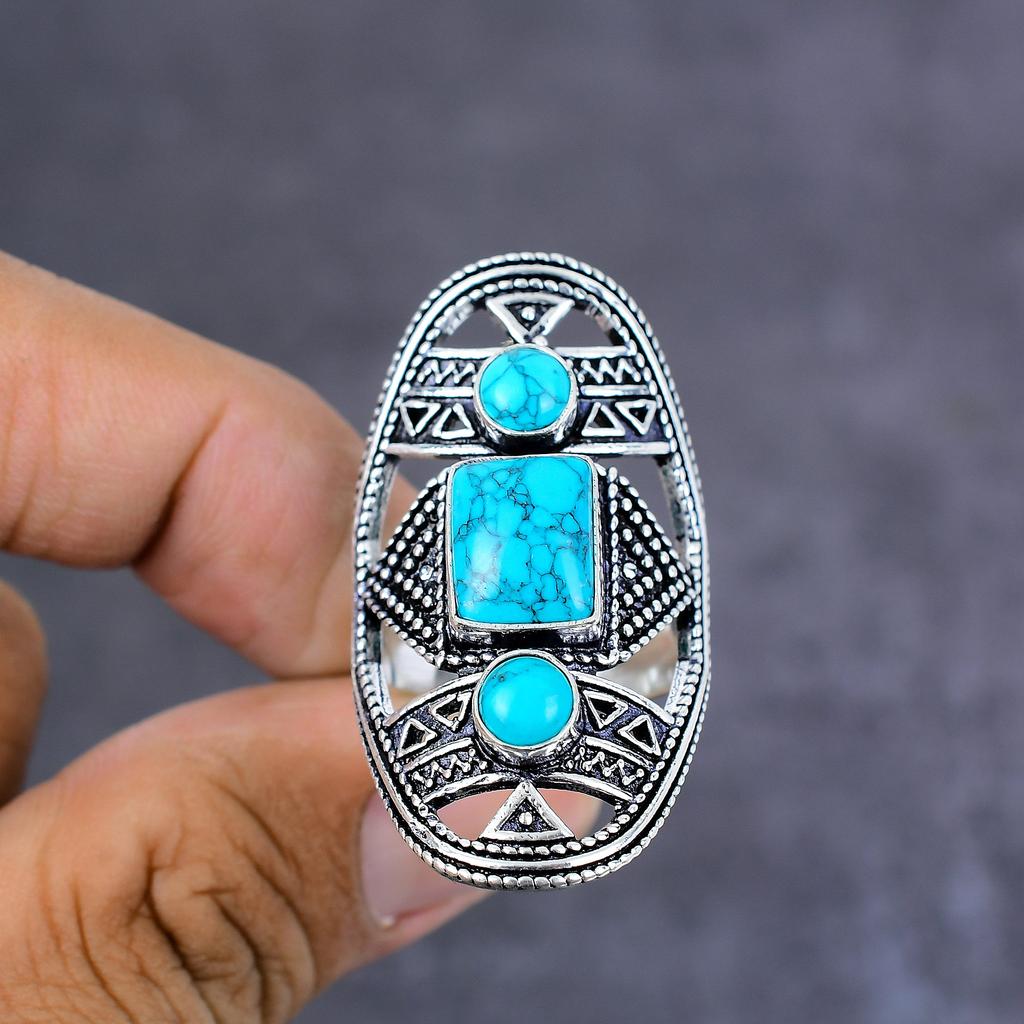 Tibetan Turquoise Handmade 925 Sterling Silver Ring Size 7 Gift For Her j6N57