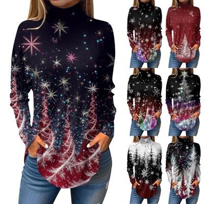 Женская модная футболка свободного кроя с высоким воротом и рождественским принтом, топ с длинным рукавом