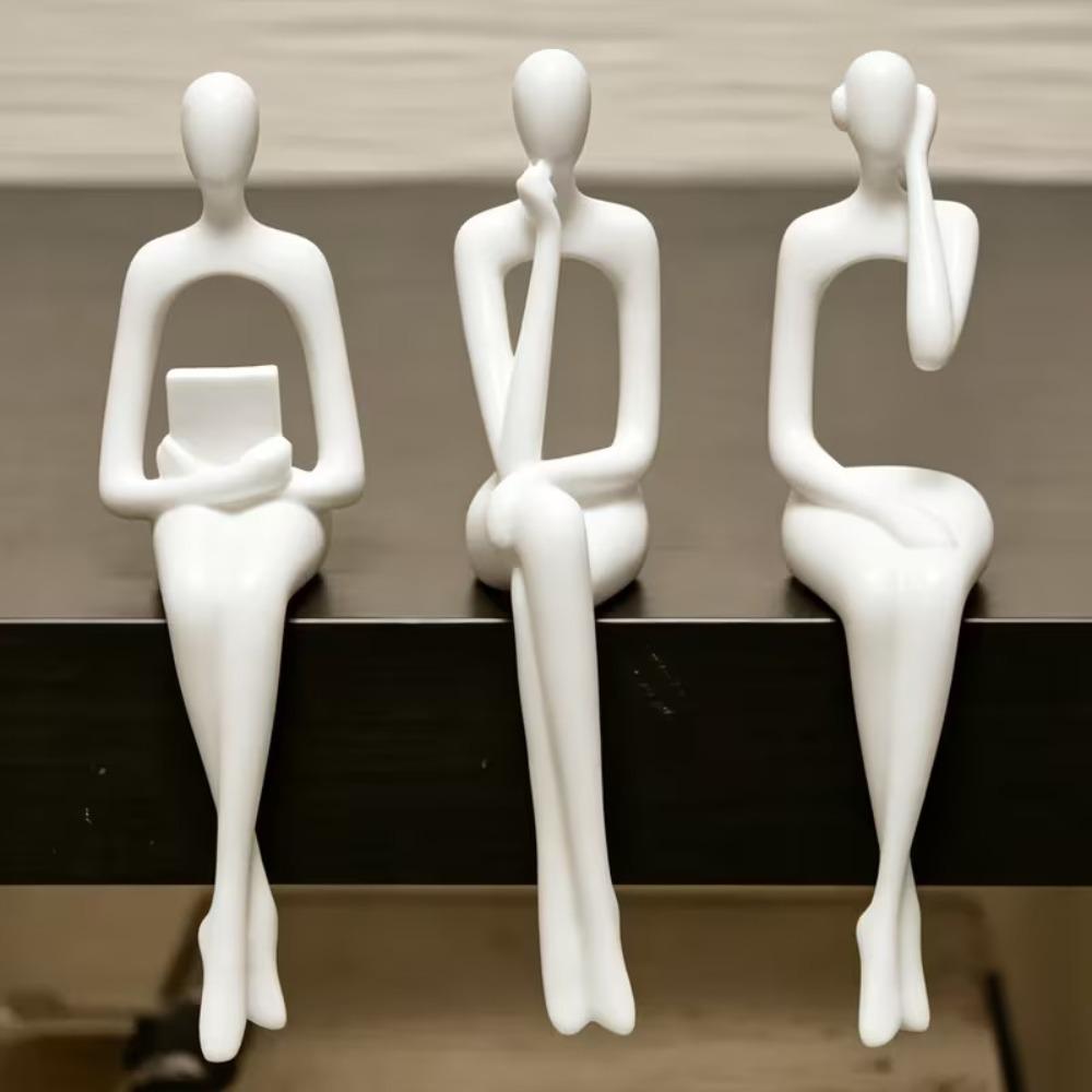 3Pcs Long Leg Abstract Sitting Human Sculpture Set Hollow Reading Thinking Figurine Office Desk