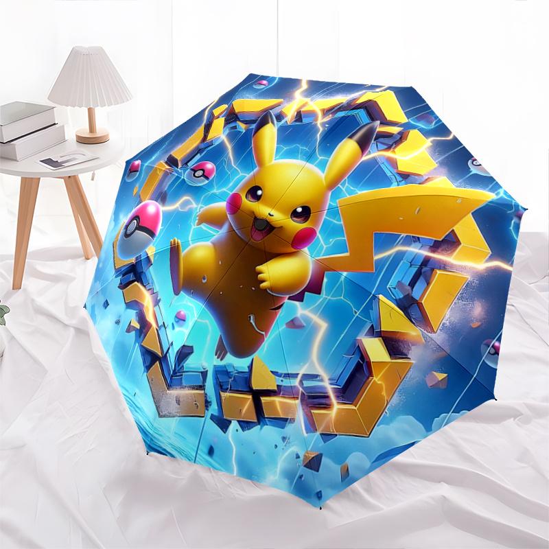 1pc Pikachu Breaks Through the Wall Pattern Automatic 3-Fold Umbrella, 8 Iron Frames, High-Value Folding Umbrella, Suitable for Office, Travel and Out