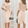 Women Dress Shawl Patchwork Sequin Sheath Solid Color Round Neck Slim Fit Sleeveless Elegant Commute Knee Length Midi Dress