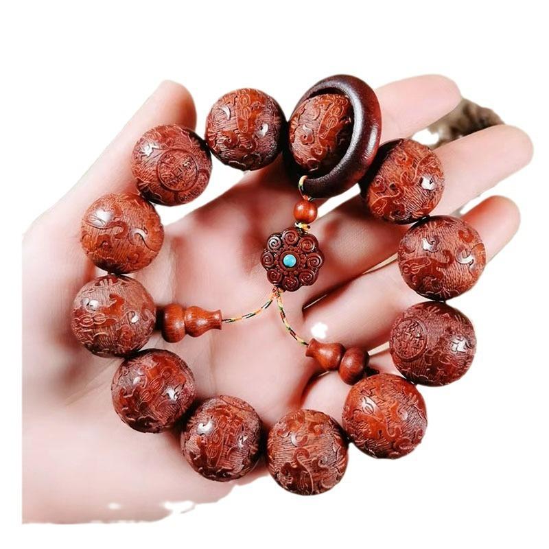 Small Leaf Red Sandalwood Pixiu With Flower-Shaped Pendant Single Loop Bead Bracelet 20Mm