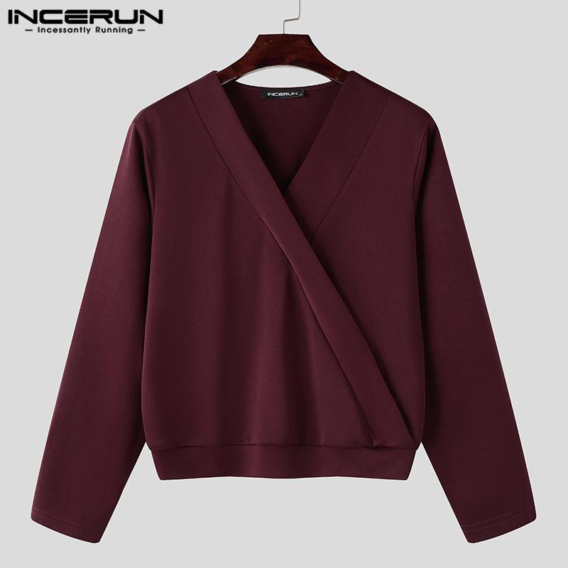 INCERUN Men V Neck Long Sleeve Open Front Tops Casual Slim Waist Pullovers