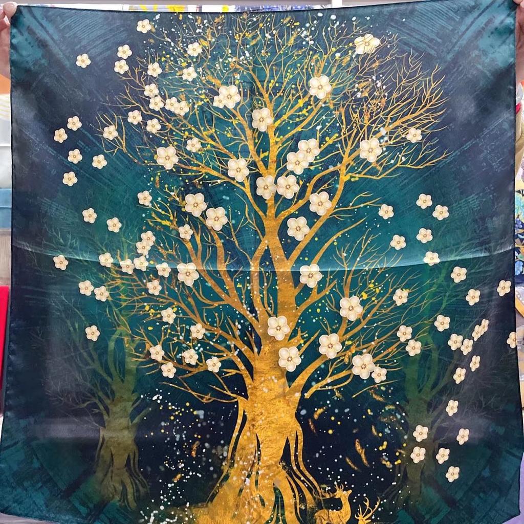 Silk Tree Of Life Mulberry Silk Silk Scarf Women'S Spring And Autumn Versatile 65Cm Square Scarf Silk Scarf
