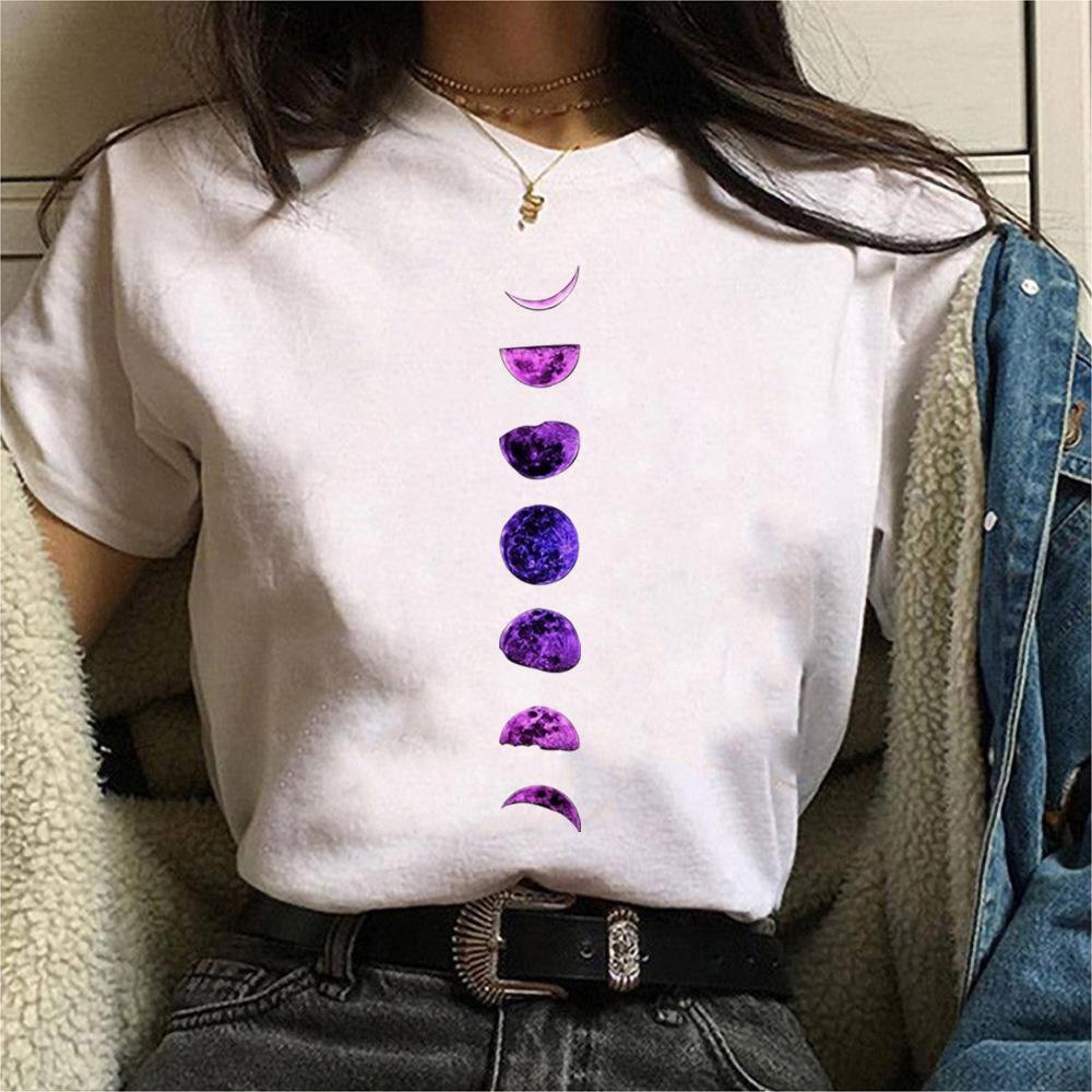 Women Summer Moon Print Short Sleeve T-Shirt