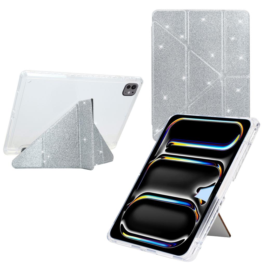 For iPad Pro 13 (2024) Case Y-Fold Stand Glitter Leather TPU Acrylic Clear Tablet Cover