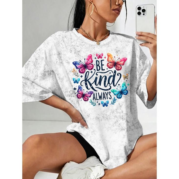 Women's Snowflake Print Short Sleeve Shirt T Shirt Colorful Butterfly BE KIND Letter-printed round neck, casual and elegant, vintage style,