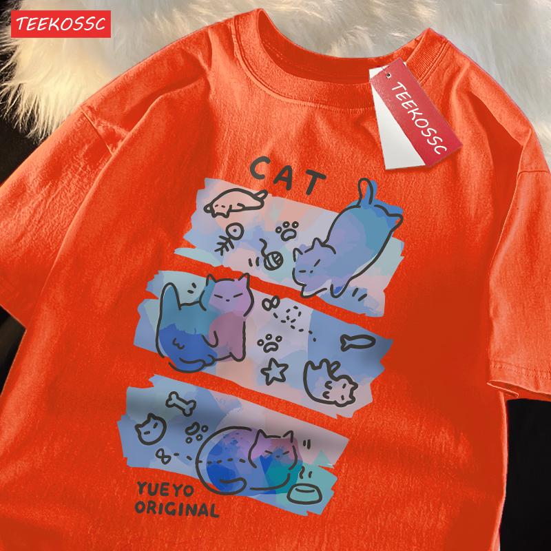 Colorful Three Cats Trendy Loose And Breathable Pure Cotton Summer Short Sleeved T-shirt Men Women Dreamy Fun Cat Cute Clothing